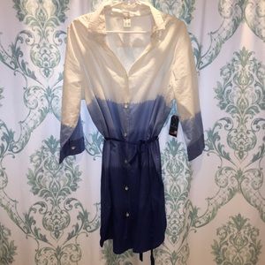 Blue Cotton 3/4 Sleeve Dress tie waist 1X NWT